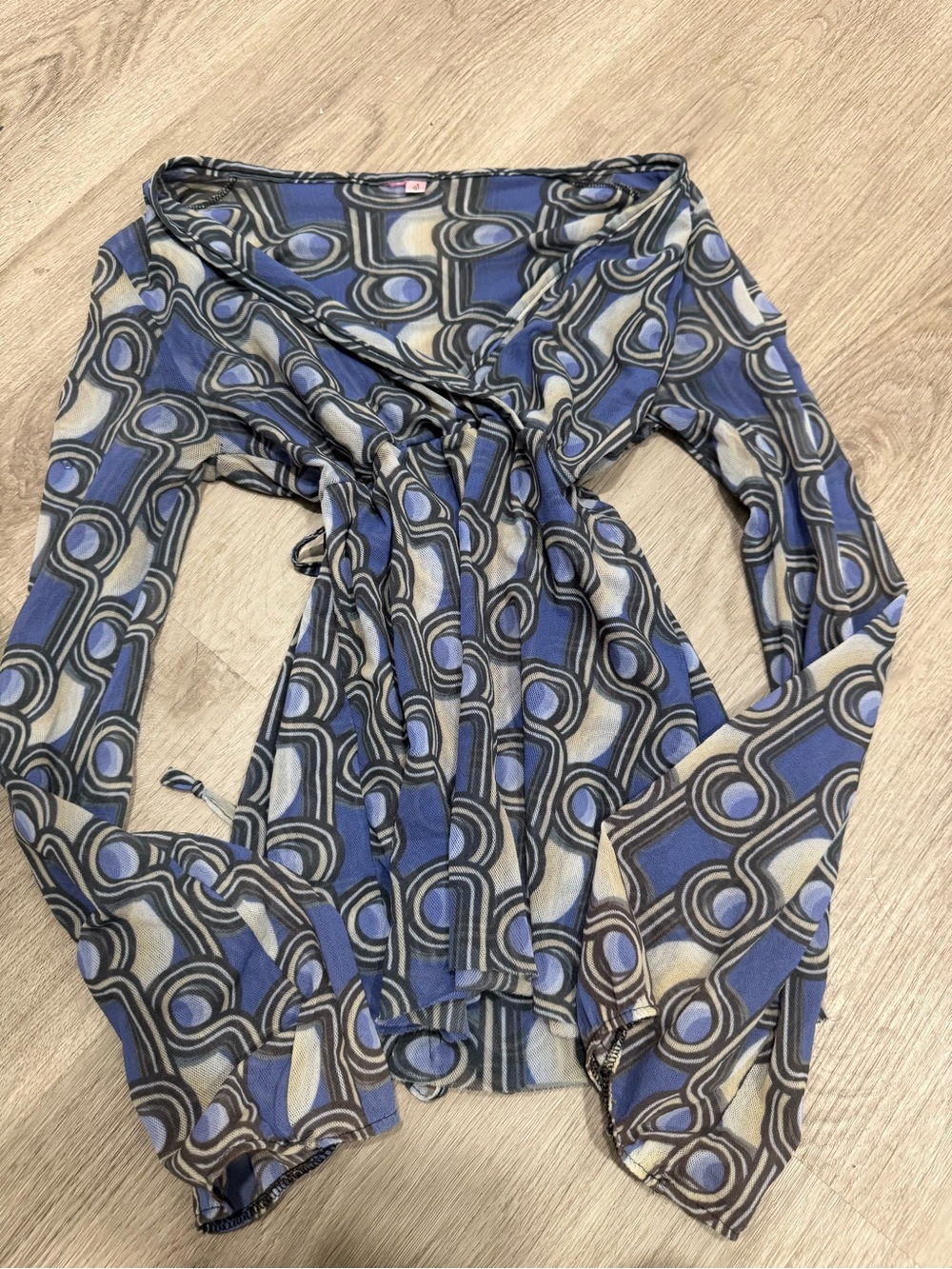 Self Esteem Blue and Gray Graphic Wrap Blouse baby doll tie top